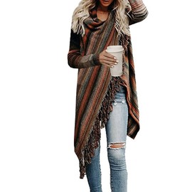 GOLDSTITCH Women's Open Front Knited Loose Crew Neck Fringe Sweater Outwear Beige L