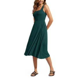 ODODOS Square Neck Midi Dress with Pockets for Women Summer Casual Sleeveless Sundress Flare Tank Dress, Dark Green, Large