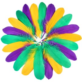 FeelfunFeather 120pcs Mardi Gras Goose Feathers 6-8 Inch 15-20cm Decorative Colorful Purple Golden Yellow Green Goose Nagoire Feather Bulk for DIY Crafts Masquerade Carnival Party Decoration