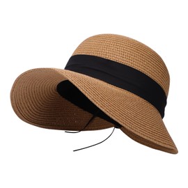 Fjquamitix Wide Brim Straw Sun Hat for Women, Ladies Sun Hat with Ribbon Detail for Summer Beach Poolside Holiday, Straw Cap for Sun Protection (DE/NL/SE/PL, Alpha, One Size, Brown)