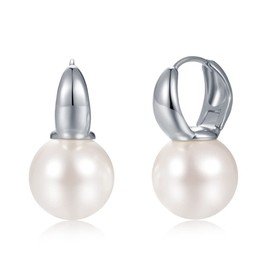 SWJEWEL 12mm 925 Sterling Silver Big Round Stud Pearl Earring Set 18k White Gold Plated Hypoallergenic French Buckle Faux Pearl Small Hoop Earrings for Women Ladies (Silver)