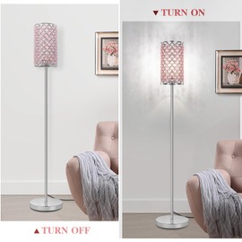 Crystal Floor Lamp for Bedroom, Silver Floor Lamp with Pink Shade, Girls Lamp with On/Off Foot Switch, Elegant Standing Light Tall Pole Lamp for Living Room, Dresser, Office (E26 Base)