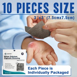 Ceeport Ag Silver Calcium Alginate Wound Dressing Pads 3'' x 3'' (Pack of 10), Soft Highly Absorbent Silver Wound Dressing, Non-Adhesive Dressing for Wound Care, Painless Removal Gauze Pads for Wounds