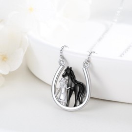 Horse Necklace for Women 925 Sterling Silver Infinity Pendant Jewelry Gift for Her Sister Mom Daughter Christmas Birthday (Horseshoe-Black)