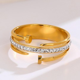 Loqimu Gold Stainless Steel Nail Ring with Cubic Zirconia Wedding Rings for Women Stackable Anniversary Rings (9)