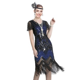 Letter Love Women 1920s Gatsby Vintage Sequin Flapper Fringe Party Plus Dress With 20s Accessories Set (S, Styele Flower Black Blue)