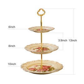 YOLIFE Red Rose Pattern 3 Tiered Cupcake Stand, Emboss Golden Leaves Edge Porcelain 3 Tier Pastry Stand Desert Stand