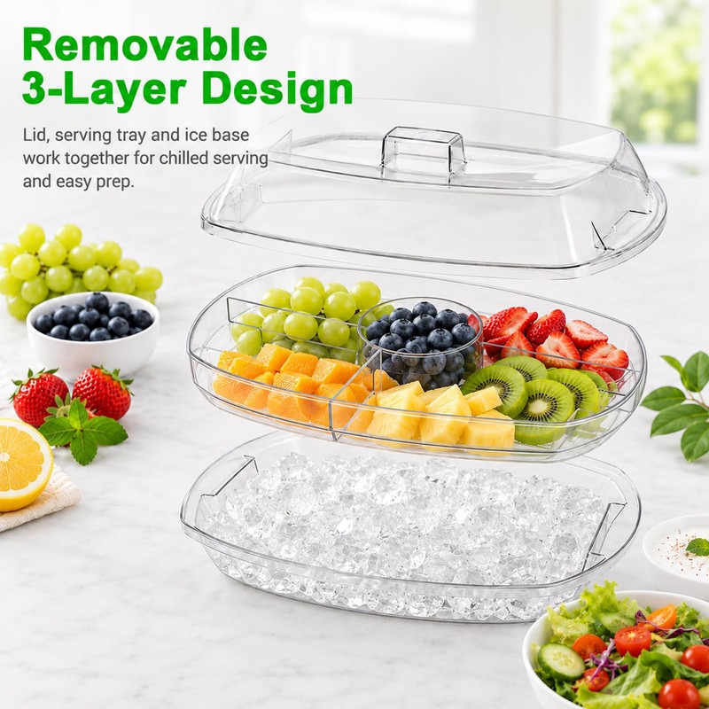 Ice Chilled Party Platter, 14.2'' Divided Serving Tray, Cold Chilled