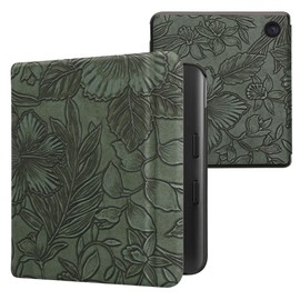 kwmobile Case Compatible with Kobo Libra Colour Case - eReader Cover - Embossing Flowers Green