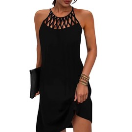 SAUKOLE Womens Summer Halter Neck Hollow Out Sleeveless Dress Floral Print Beach Boho Short Mini Sundresses