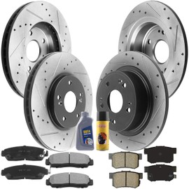 MotorbyMotor Front & Rear Brake Rotors fits for 2003-2007 Honda Accord E-Coating Drilled & Slotted Brake Rotor & Ceramic Pad kit Including CLEANER DOT4 FLUID