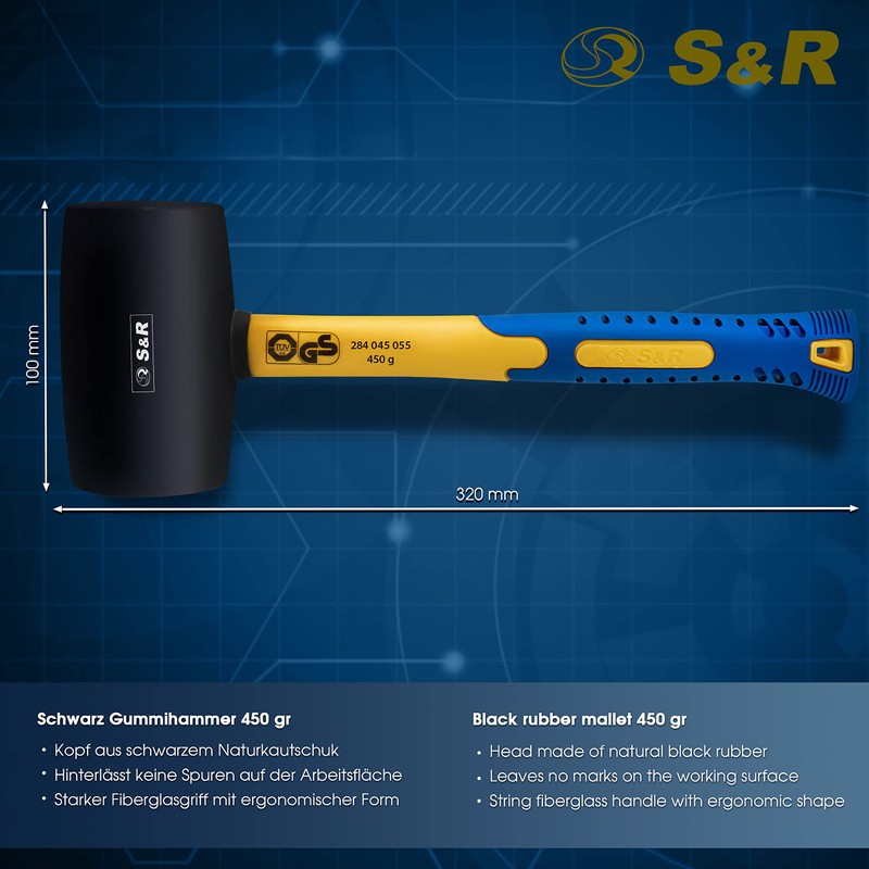 S&R Rubber Mallet Black 55 mm 450 g with Ergonomic