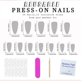 TELAIN Glue-On Nails, Pack of 24 Artificial Nails in Various Sizes, Press On Nails with Accessories, Portable for Holidays and Parties, Elegant False Nails