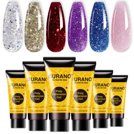 BURANO Poly Extension Gel Nail Kit, 6 Bottles Purple Blue Gold Red Glitter Nail Poly Nails Gel Set for Nail Salon DIY Home Beginners Use
