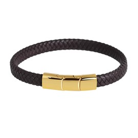 Geoffrey Beene Men's Braided Genuine Leather Bracelet with Stainless Steel Closure (Brown, Gold)
