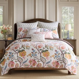 Levtex Home - Maileen Dusty Rose Quilt Set - Full/Queen Quilt and Two Standard Shams - Floral - Dusty Rose Ochre Blue Green Brown Off-White -Quilt (88x92in.) and Shams (20x26in.)- Reversible - Cotton