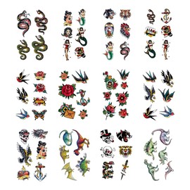 SanerLian Anchor Lighthouse Temporary Tattoo Sticker Waterproof Vintage Old School Swallow Flowers Hand Arm Face Finger Neck 10.5X6cm Set of 12 (SF234)