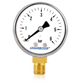 UHARBOUR Pressure Gauge Water 0-6 Bar, Pressure Gauge 1/4 Inch, Pressure Gauge Compressed Air Lower Bracket, Compressed Air Pressure Gauge 1/4 BSP Brass Connection