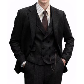Retro 3 Piece Suits for Men Tweed Jacket Wool Herringbone Suit Blazer Vest Pants Set Formal Wedding Black Tuxedo for Men L