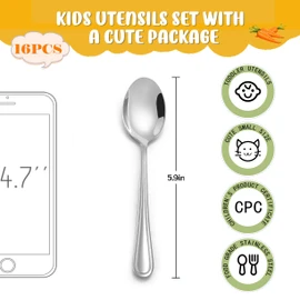 LIANYU 16-Piece Toddler Spoons, Kids Baby Spoons Self Feeding, Stainless Steel Toddler Utensils Silverware Set for 2-10 Year Old, Children Cutlery Flatware Set for Home School, Dishwasher Safe