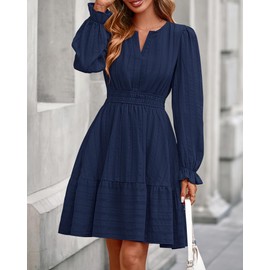 BTFBM Mini Dresses for Women 2025 Casual Lightweight Long Sleeve V Neck A Line Elastic Waist Party Holiday Dress(Navy, Medium)