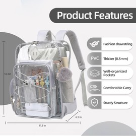 Clear Backpack for School Girls Women, Boys Kids Heavy Duty PVC Transparent Backpacks See Through Clear Bookbags Light Grey