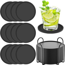12PCS Posavasos Antideslizantes para Mesa, Portavasos de Silicona con Soporte de Metal, Posavasos para Bebidas Protección para Mesa, Posavasos para Bar Hogar Restaurante Cafetería (Negro)