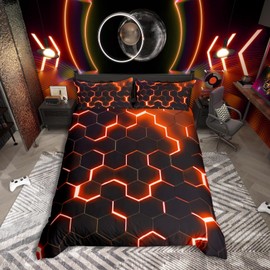 Homewish Orange Black Bedding Single Teen Boys Fashion Neon Geometric Honeycomb Bedding Set Kids Hexagon Beehive Geometry Duvet Cover Modern Abstract Quilt Cover 1 Pillow Case