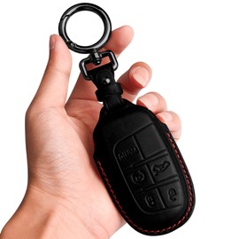 Tukellen for Jeep Key Fob Cover Leather,Leather Key Case Protector Compatible Jeep Grand Cherokee Renegade Chrysler 200 300 Dodge RAM Durango Challenger Journey Dart Fiat (only for Keyless go)-Black