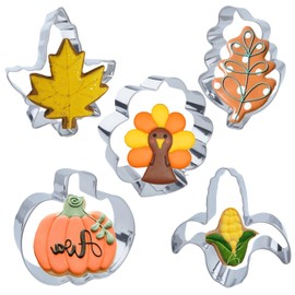 5Pcs Fall Thanksgiving Cookie Cutters, Holiday Shapes of Pumpkin, Maple Leaf, Corn Candy, Turkey,Oak Leaf, Stainless Steel Molds