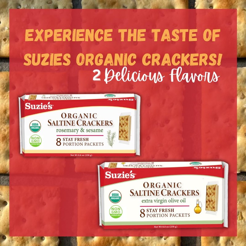 Suzie's Organic Saltines Crackers|Salted w/Extra Virgin Olive Oil|Low Saturated Fat|Healthy