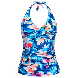 Tempt Me Women's Blue Floral Tankini Top Halter Tummy Control Swim Tops Only Twist Front V Neck Bathing Suit No Bottom L