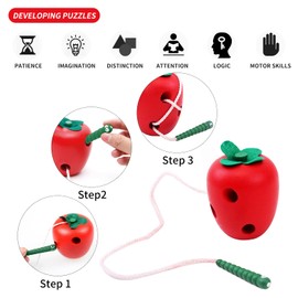 Early Development Toys Wooden Lacing Toys, Montessori Activity Caterpillars Eat Apple and Kids Cheese Toys, Children Learning Educational Wood Block Puzzles Toy for Toddlers Boys Girls