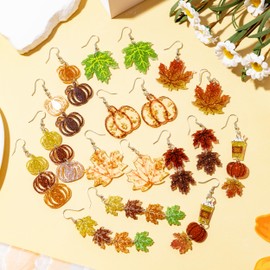 Y1tvei Fall Thanksgiving Acrylic Earrings - 9 Pairs Maple Leaf Pumpkin Glitter Sparkly Aesthetic Drop Dangle Earring Colorful Stud Ear Decor Jewelry Accessory Holiday Gift for Women Girls Autumn Party