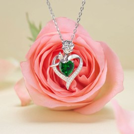 GEMLANTO May Birthstone Necklaces 925 Sterling Silver Emerald Necklace Heart Green Gemstone Rose Birthday Anniversary Jewellery Gifts For Women Girls