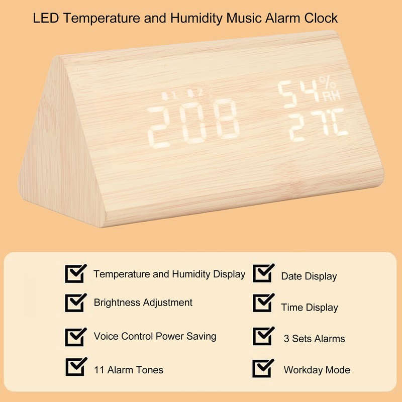 LED Digital Alarm Clock Multipurpose Wooden Clock with Voice Control