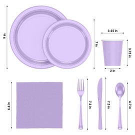 Exquisite 350 Pcs Lavender Paper Plates For Party, Lavender Disposable Plates Set, 50 Of Each 9" Dinner Plate Set, 7" Dessert Plate, Cups, Napkins & Cutlery Paper Dinnerware