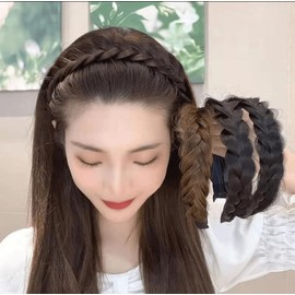 Wide Braided Headband with Teeth Synthetic Hair Headband High Elasticity Braids Fishtail Braided Hair Band Hairpiece for Women (Black brown, One size)