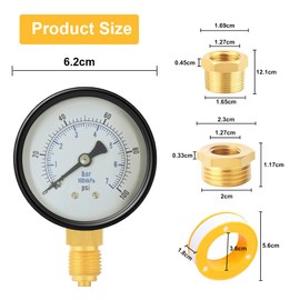 0-7 Bar (0~100 Psi) Well Pump Pressure Gauge, Diameter 62 mm Pressure Gauge for Pressure Vessel, Male Thread 1/4 Inch Pressure Gauge with 1 Piece 3/8 Inch and 1 Piece 1/2 Male Thread Socket Adapter