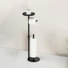 ZBMDDEY Toilet Paper Holder Stand for Bathroom Floor Standing, Adjustable Height, Storages 4 Reserve Rolls, with Top Storage Shelf for Cell Phones, Wipe, Wallet and More, Bright Black