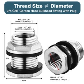 Stainless Steel 304 Tank Bulkhead Fitting With 2 Rubber Ring,Double 1/2" Female NPT and 3/4" Male GHT (Garden Hose Threaded), 2 Pack