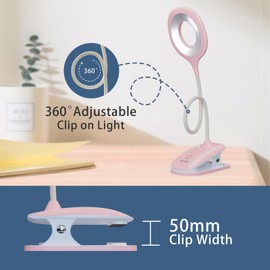 GCDFGV Clip On Reading Light, USB Rechargeable Desk Lamp for Dorm Room Essential, Clip On Light, 3 Color Touch Dimmable, Eye Protect, Pink