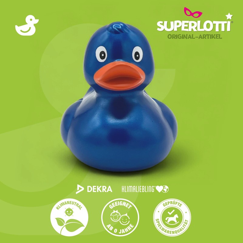 SUPERLOTTI Squeaky duck Renate blue metallic, an original bath duck,