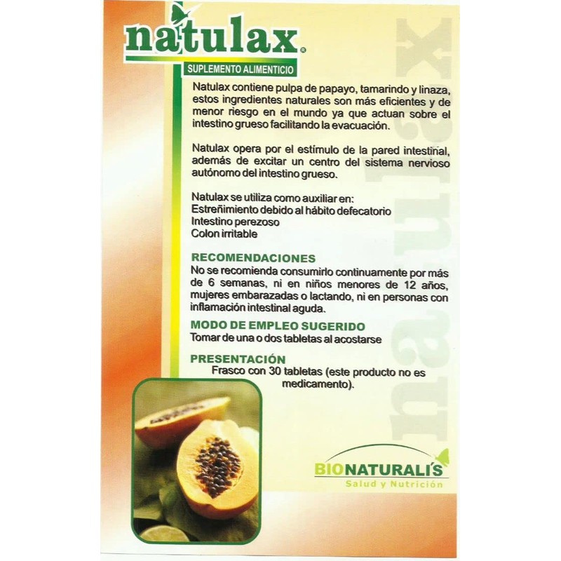 natulax SUPLEMENTO ALIMENTICIO caja con 30 Tabletas