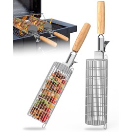 Rolling Grill Basket Set, Grill Accessories with Removable Wooden Handle, 304 Stainless Steel, Barbecue Accessories for Outdoor Grill, Vegetables, Meat and Seafood on the Outdoor Grill, Gifts for Men