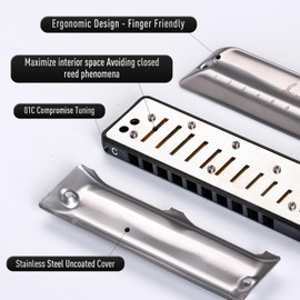 JDR Blues Harmonica Key of C Harps for Adults Kids Professional Beginners Mini Mouth Organ with Case Guitar Accessories 10 Holes 20 Tones | Assassin Uncoated Stainless Steel