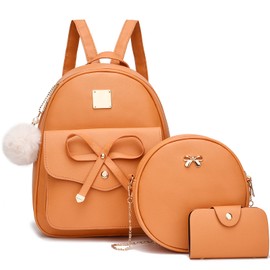 I IHAYNER Girls Bowknot 3-Pieces Fahsion Leather Backpack Backpack Purse for Women Rucksack for Ladies Shoulder Bag Orange