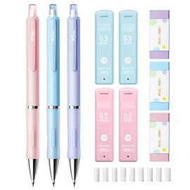 Four Candies Pastel Mechanical Pencil Set - 3PCS 0.5mm Mechanical Pencils with 240PCS HB Lead Refills, 3PCS Erasers and 9PCS Eraser Refills, Cute Colored Mechanical Pencils for Drawing & Writing