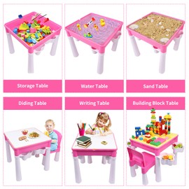 burgkidz Kids 5-in-1 Multi Activity Table Set - Building Block Table with Storage - Play Table Includes 1 Chair and 130 Pieces Compatible Large Bricks Building Blocks for Ages 2 and Up (Pink)