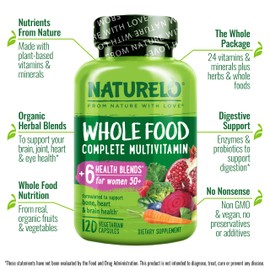 NATURELO Whole Food Multivitamin for Women 50+ (Iron Free) with Vitamins, Minerals, & Organic Extracts - Supplement for Post Menopausal Women Over 50 - No GMO - 120 Vegan Capsules